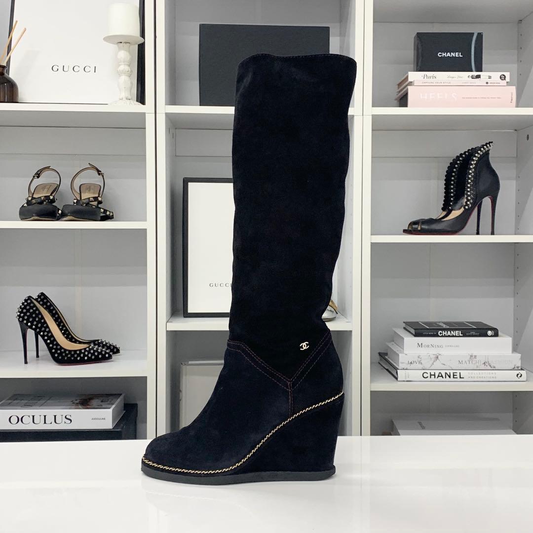 Chanel Suede CC Logo Chain Wedge Sole Long Boots Black — view 3
