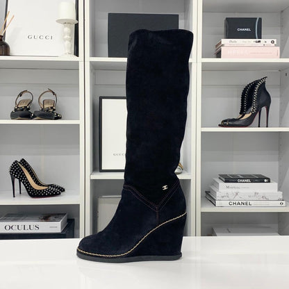 Chanel Suede CC Logo Chain Wedge Sole Long Boots Black — view 3