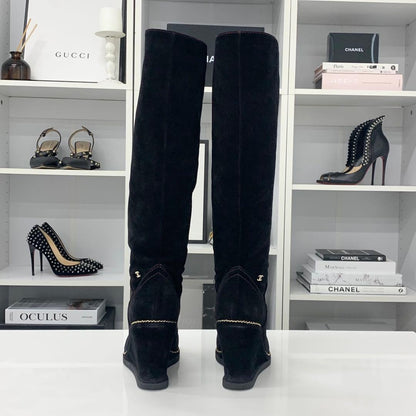 Chanel Suede CC Logo Chain Wedge Sole Long Boots Black — view 5