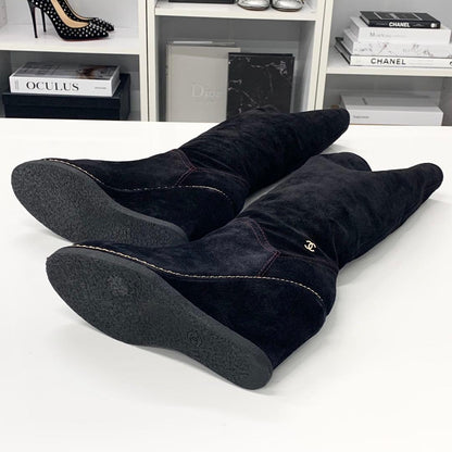 Chanel Suede CC Logo Chain Wedge Sole Long Boots Black — view 6
