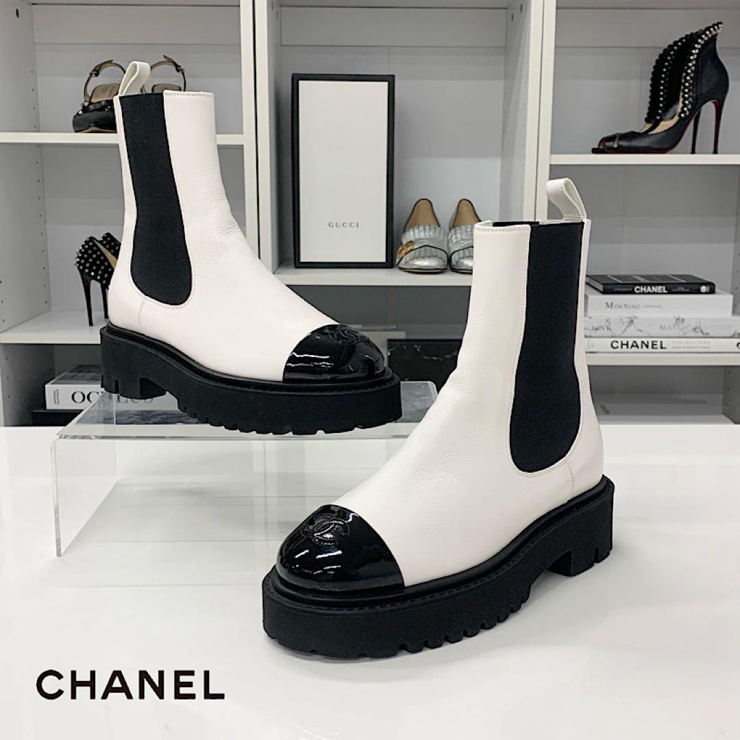 Chanel CC Logo Leather Patent Side Gore Short Boots White