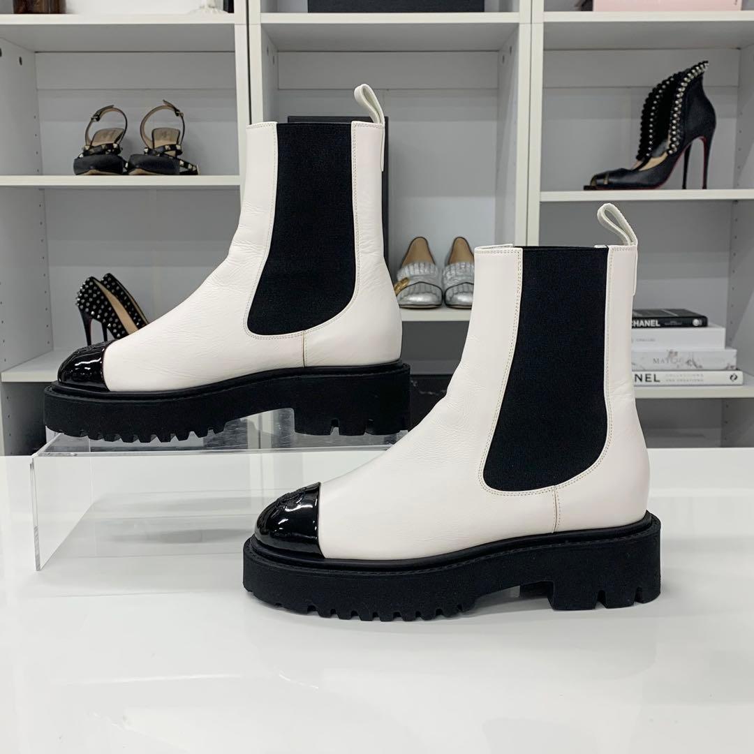 Chanel CC Logo Leather Patent Side Gore Short Boots White — view 2