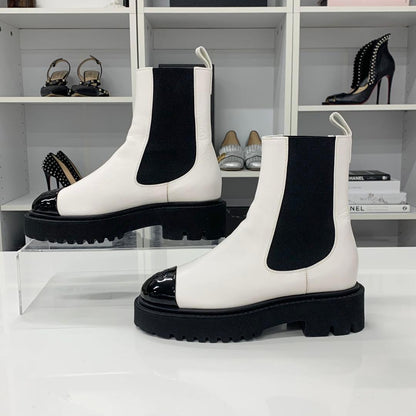 Chanel CC Logo Leather Patent Side Gore Short Boots White — view 2