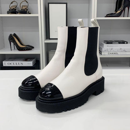 Chanel CC Logo Leather Patent Side Gore Short Boots White — view 3