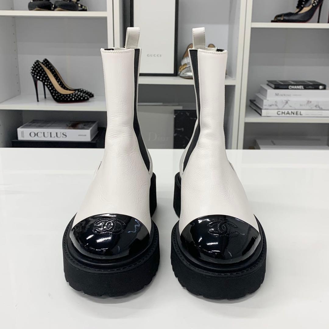 Chanel CC Logo Leather Patent Side Gore Short Boots White — view 4
