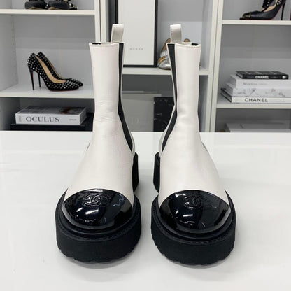 Chanel CC Logo Leather Patent Side Gore Short Boots White — view 4