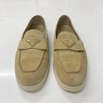 Prada Suede Triangle Logo Loafers Beige
