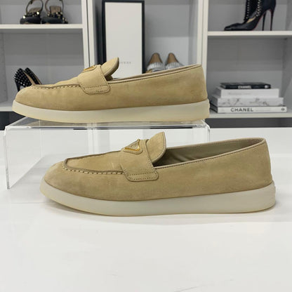 Prada Suede Triangle Logo Loafers Beige