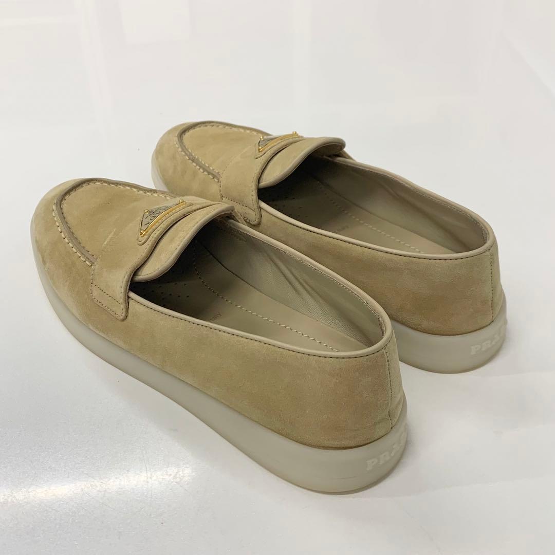 Prada Suede Triangle Logo Loafers Beige