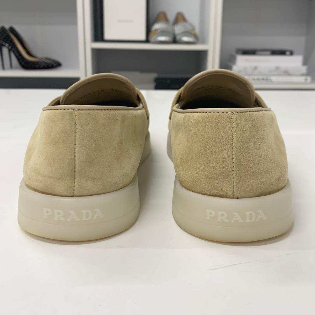 Prada Suede Triangle Logo Loafers Beige