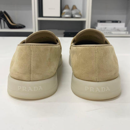 Prada Suede Triangle Logo Loafers Beige