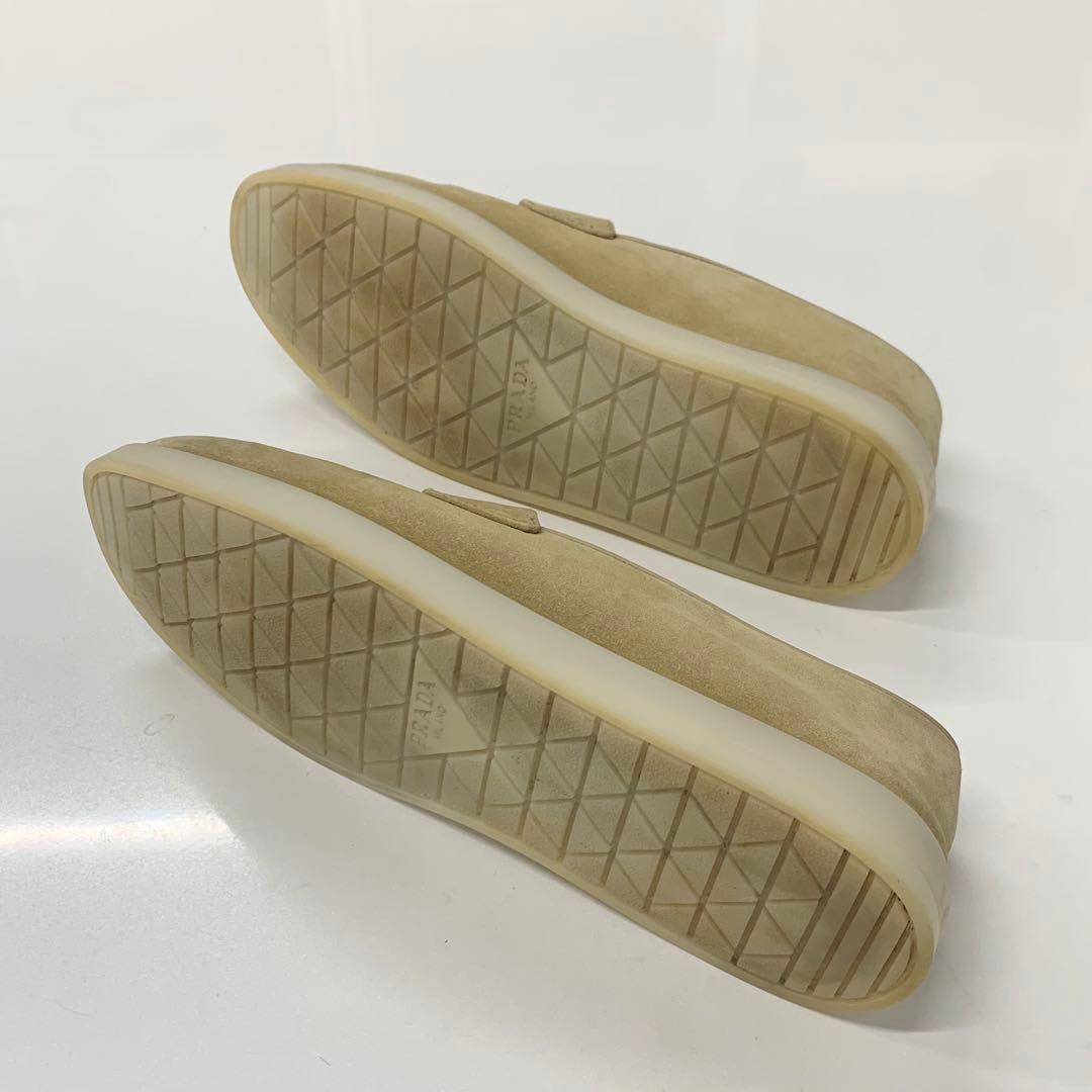 Prada Suede Triangle Logo Loafers Beige