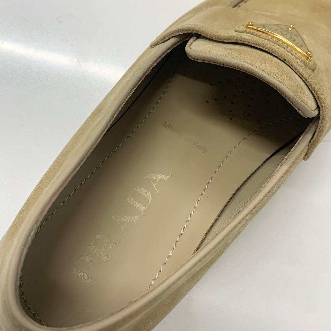 Prada Suede Triangle Logo Loafers Beige