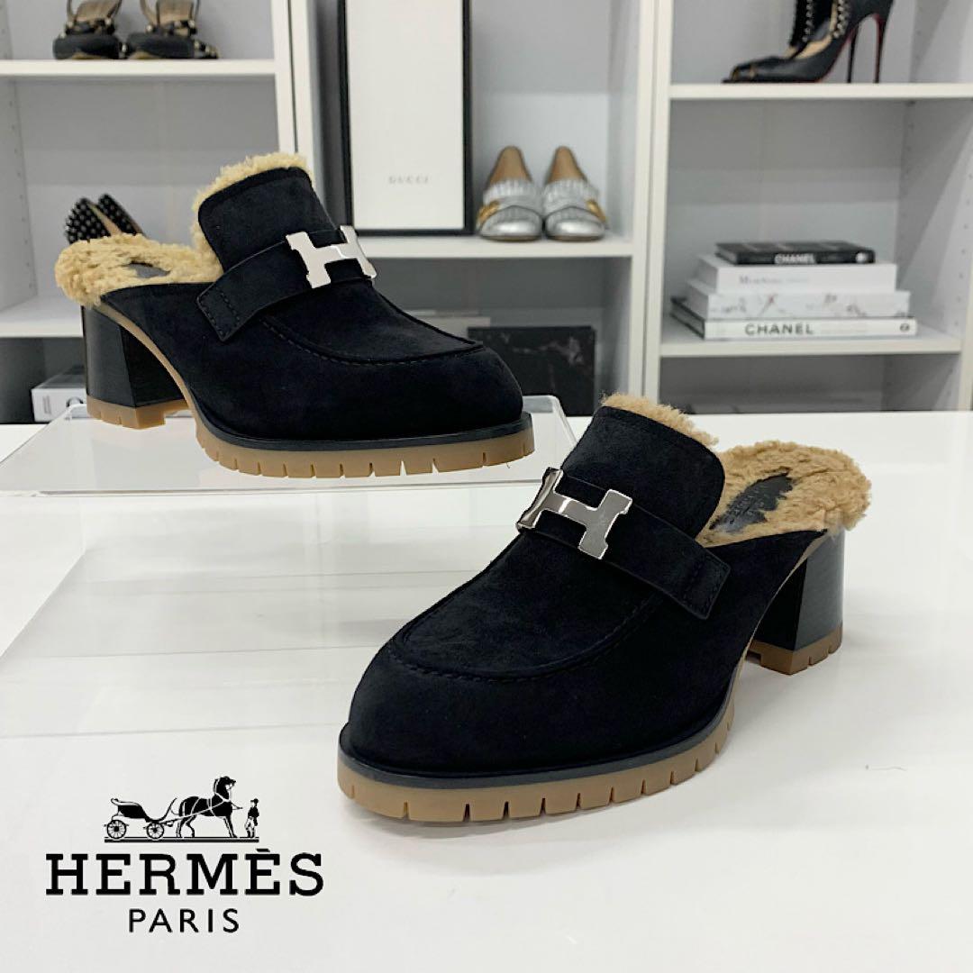 Hermes Flor 60 H Suede Shearling Constance Mules