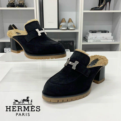 Hermes Flor 60 H Suede Shearling Constance Mules