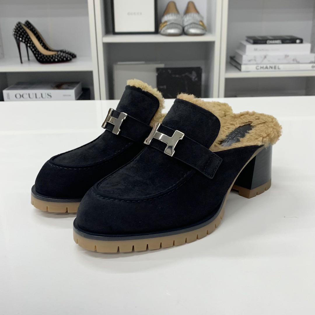 Hermes Flor 60 H Suede Shearling Constance Mules — view 3