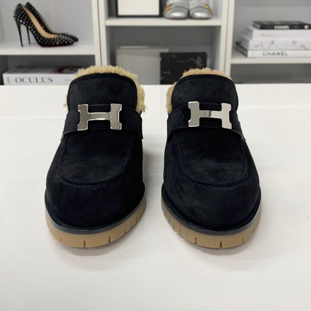 Hermes Flor 60 H Suede Shearling Constance Mules — view 4