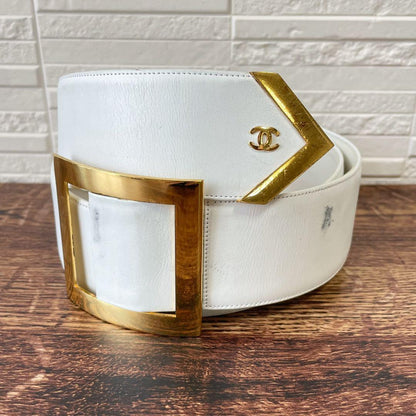 Chanel Leather CC Logo Gold Buckle Belt Thick White