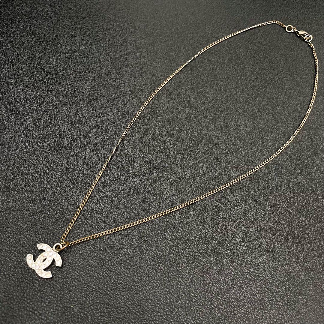 Chanel CC Logo Necklace Line Stone Icon Silver Coco