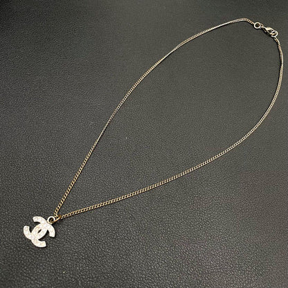 Chanel CC Logo Necklace Line Stone Icon Silver Coco