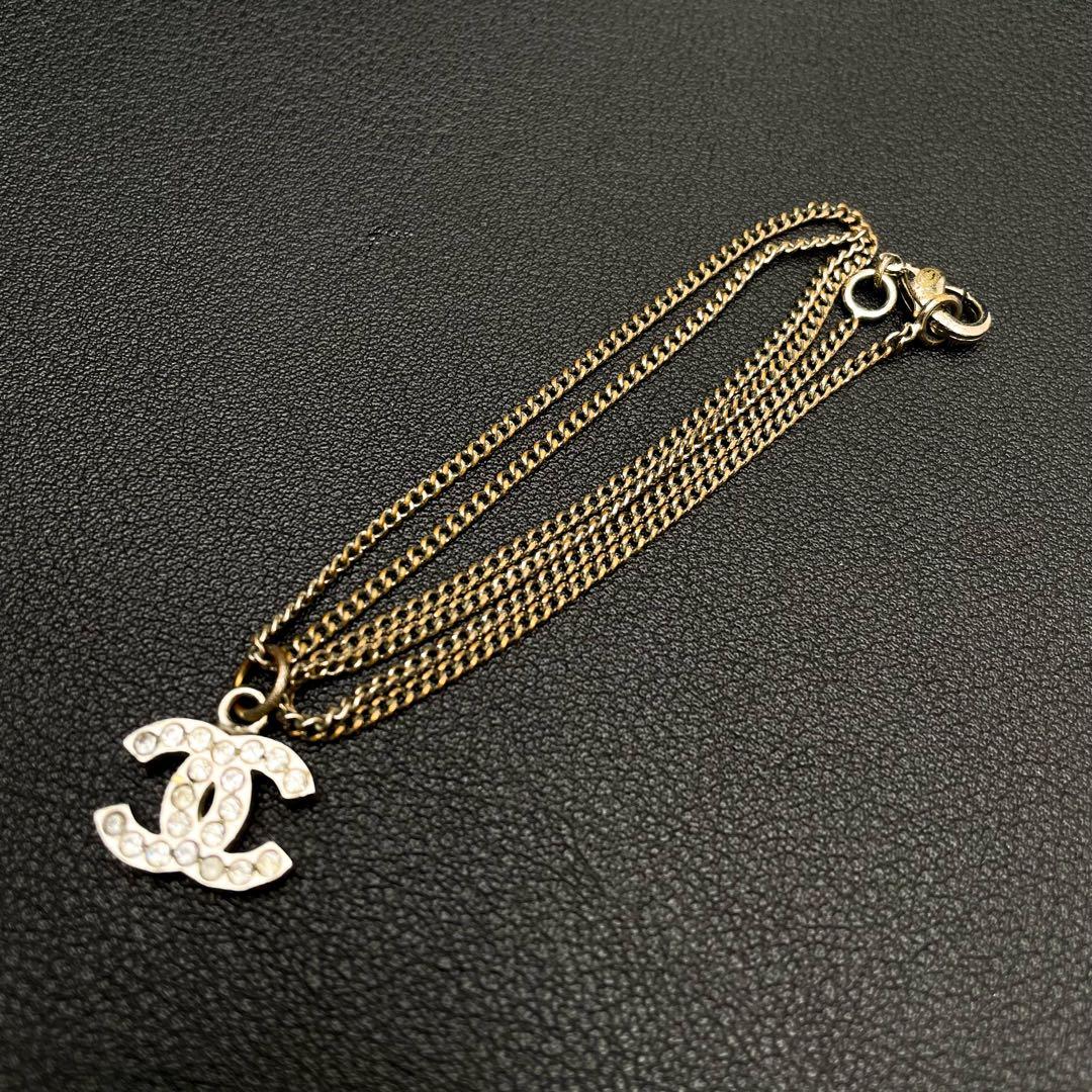 Chanel CC Logo Necklace Line Stone Icon Silver Coco