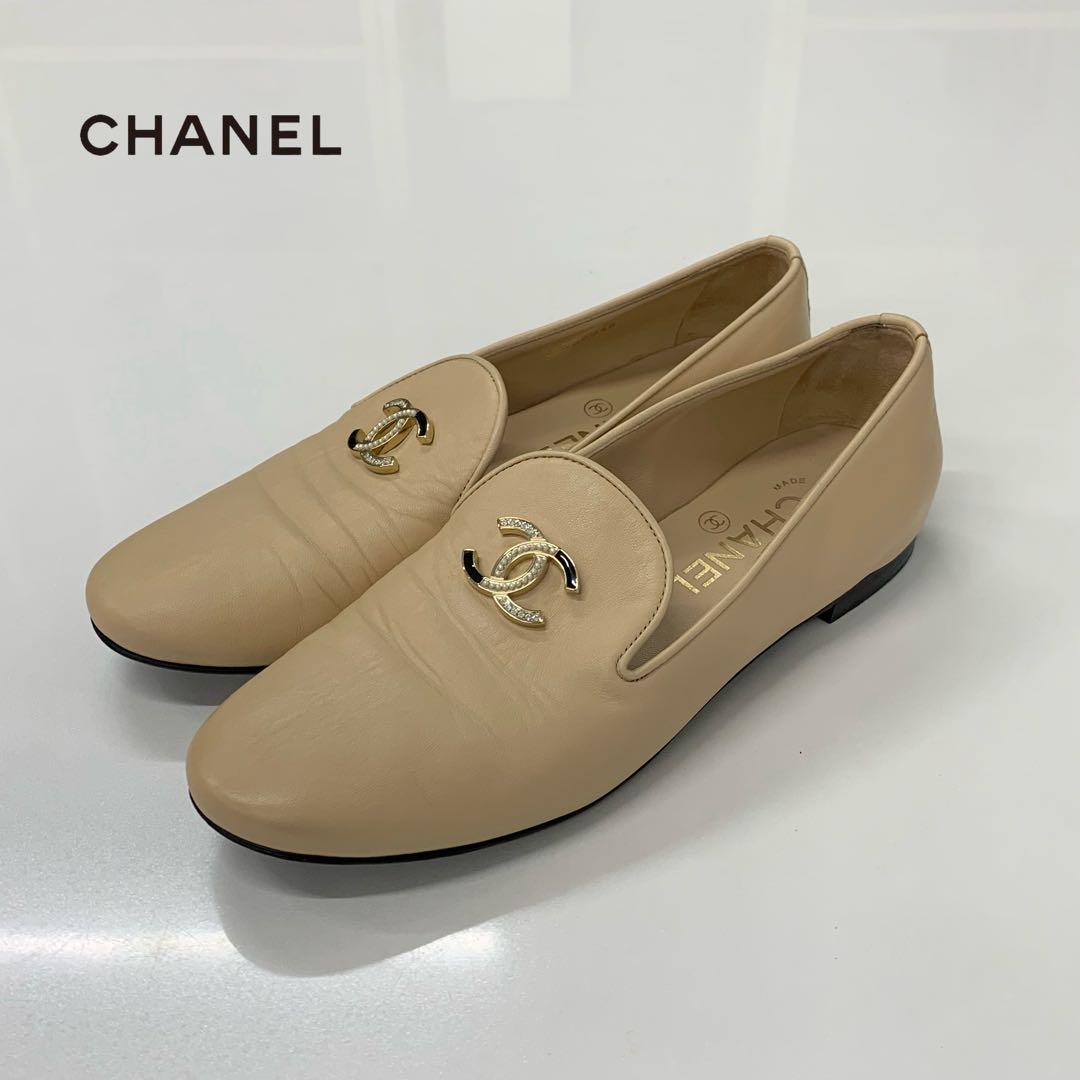 Chanel Leather CC Logo Rhinestone Pearl Opera Shoes Loafers