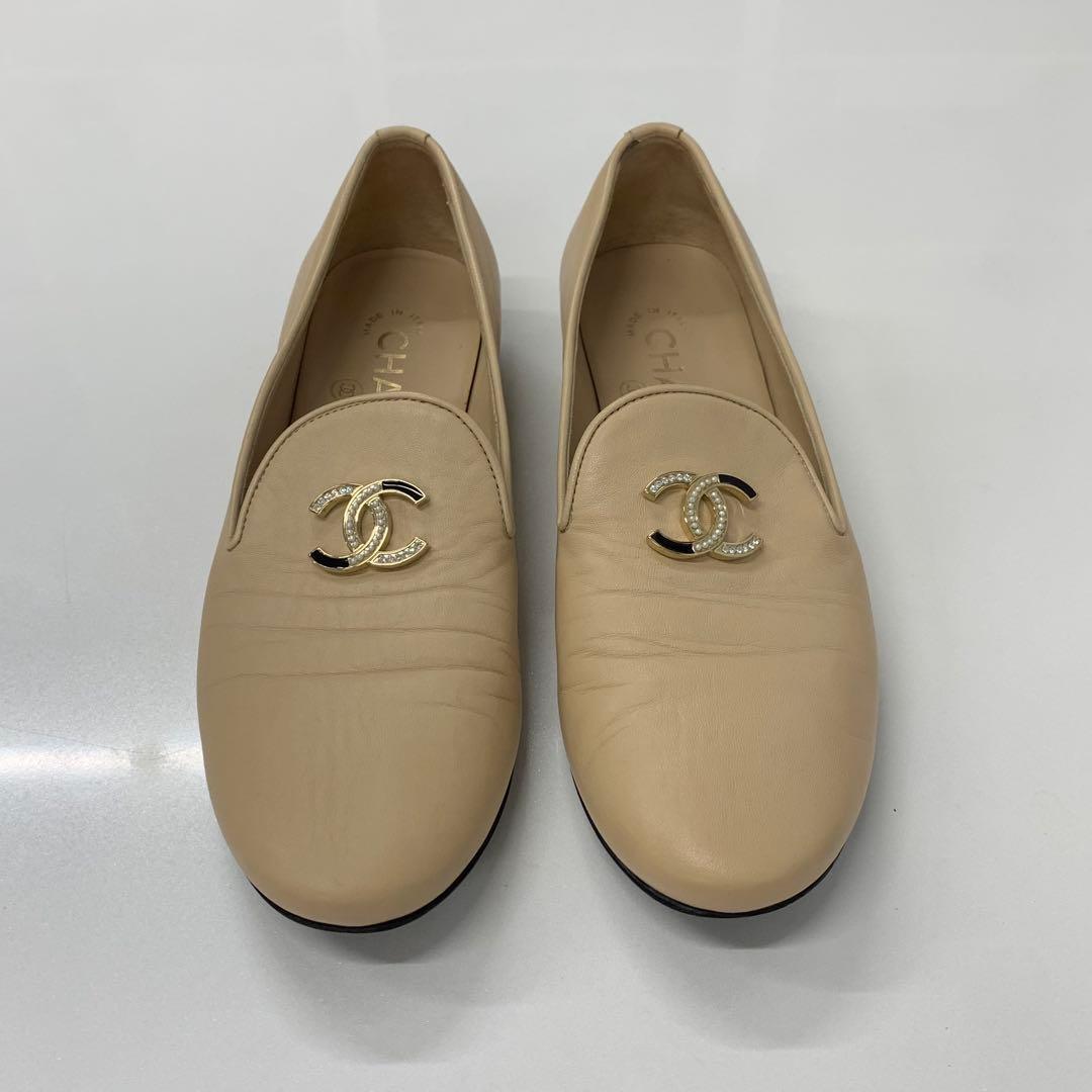 Chanel Leather CC Logo Rhinestone Pearl Opera Shoes Loafers — view 2