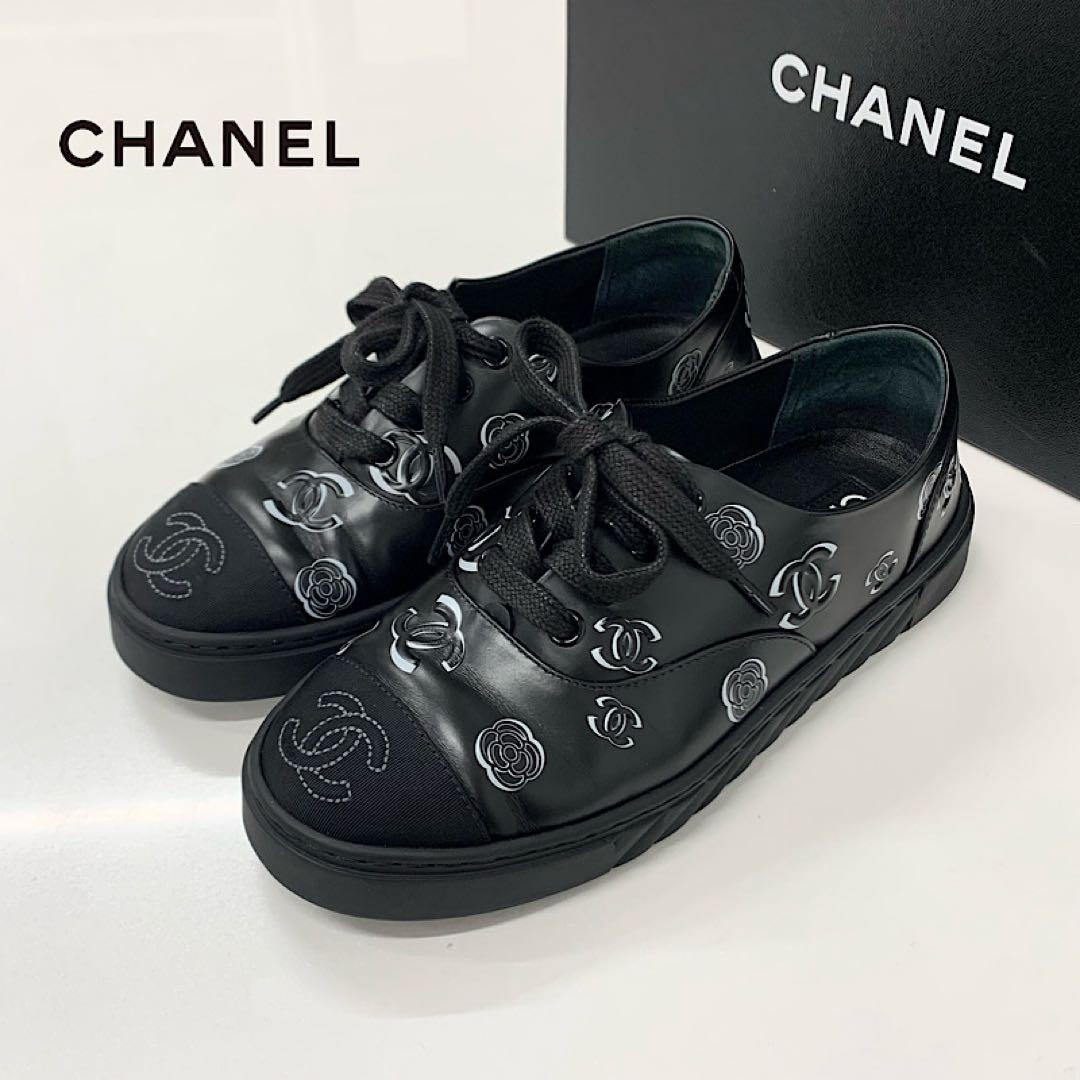 Chanel CC Logo Camellia Leather Fabric Sneakers Black