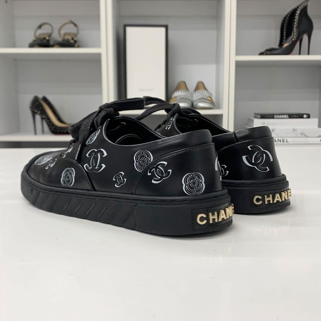 Chanel CC Logo Camellia Leather Fabric Sneakers Black — view 4