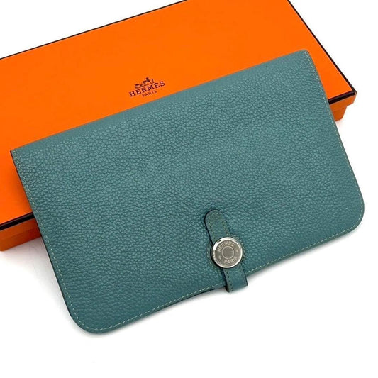 Hermes Dogon GM Duo Bifold Wallet Blue Silver Pouch