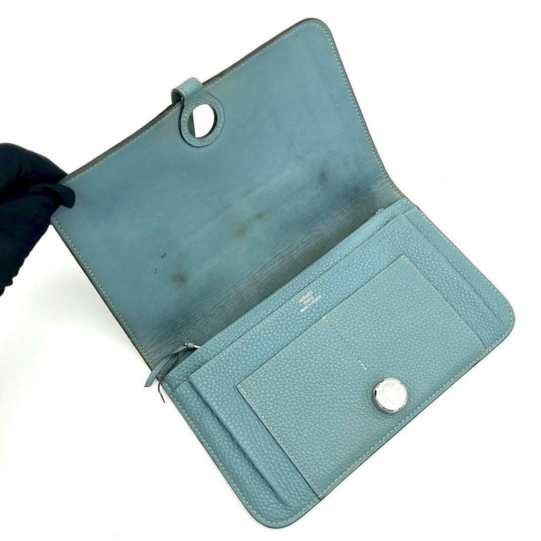 Hermes Dogon GM Duo Bifold Wallet Blue Silver Pouch — view 3