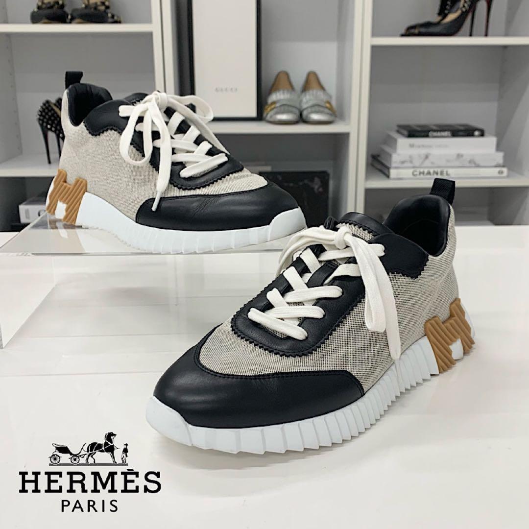 Hermes Bouncing Fabric Leather Sneakers Black Beige