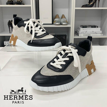 Hermes Bouncing Fabric Leather Sneakers Black Beige