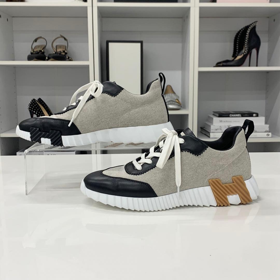 Hermes Bouncing Fabric Leather Sneakers Black Beige — view 2