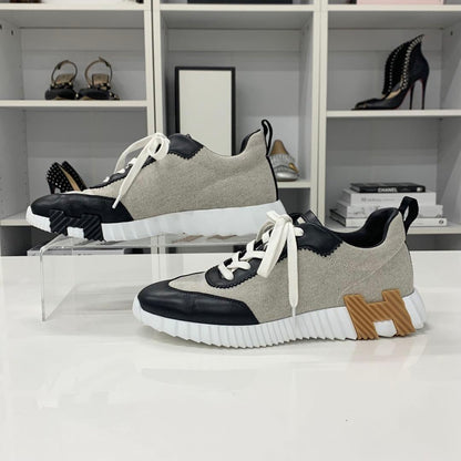 Hermes Bouncing Fabric Leather Sneakers Black Beige — view 2