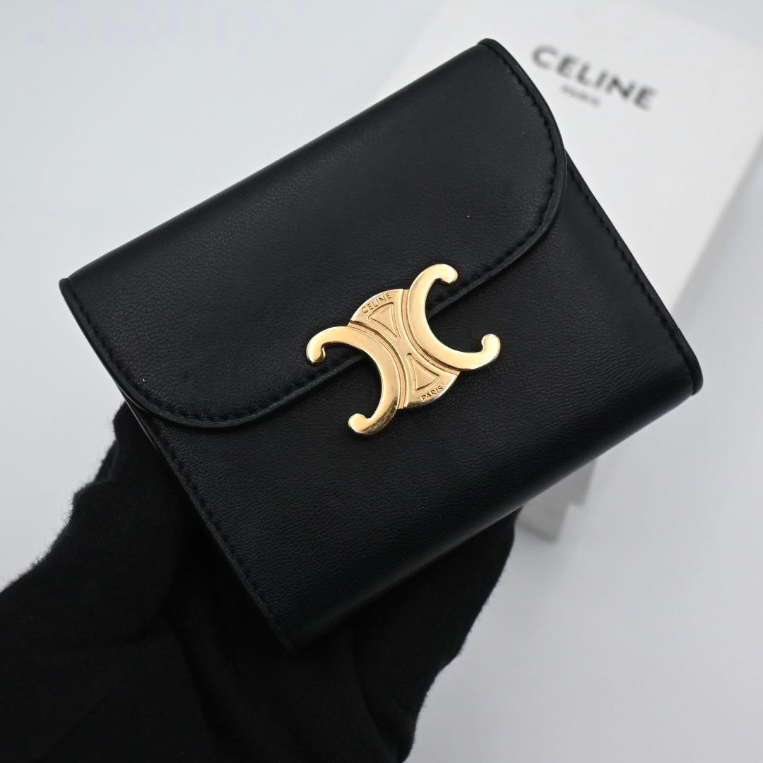 Celine Triomphe Trifold Wallet Calfskin Black Gold
