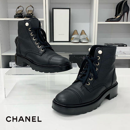 Chanel CC Logo Leather Pearl Lace-up Short Boots Black