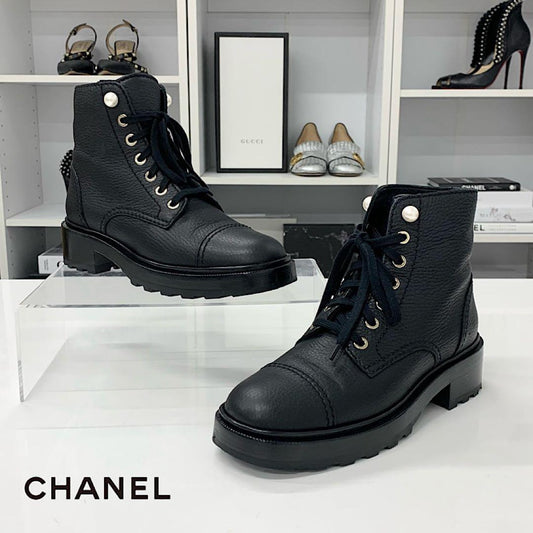 Chanel CC Logo Leather Pearl Lace-up Short Boots Black