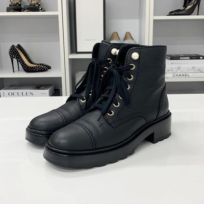 Chanel CC Logo Leather Pearl Lace-up Short Boots Black — view 3
