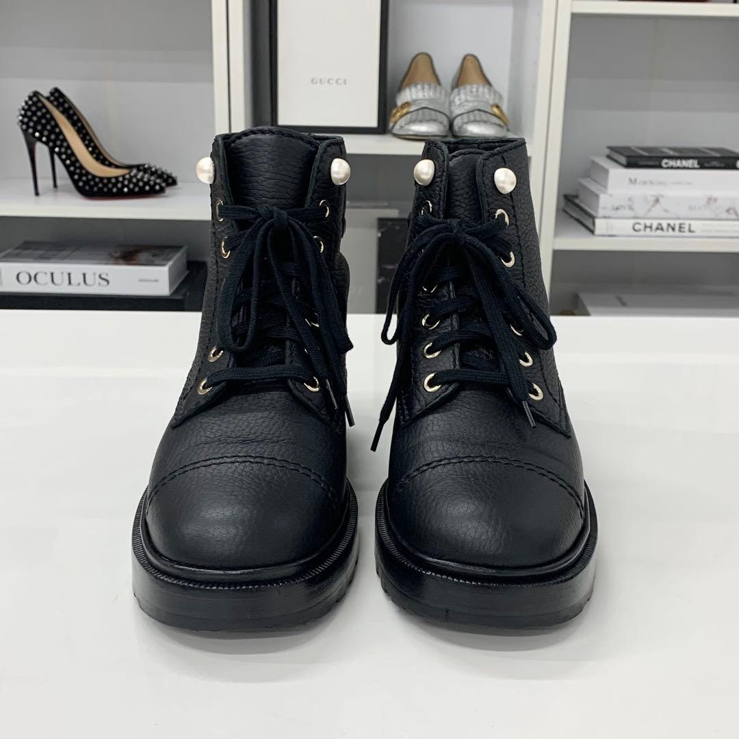 Chanel CC Logo Leather Pearl Lace-up Short Boots Black — view 4