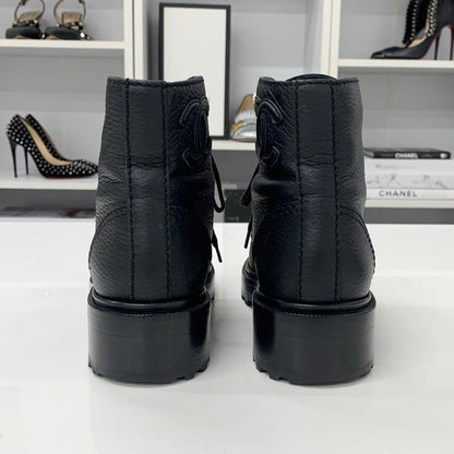 Chanel CC Logo Leather Pearl Lace-up Short Boots Black — view 6