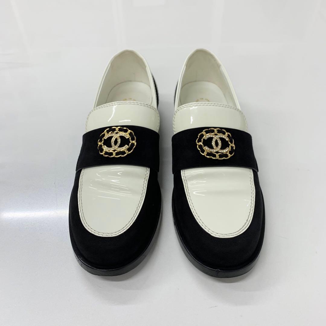 Chanel CC Logo Patent Suede Chain Loafers — view 2