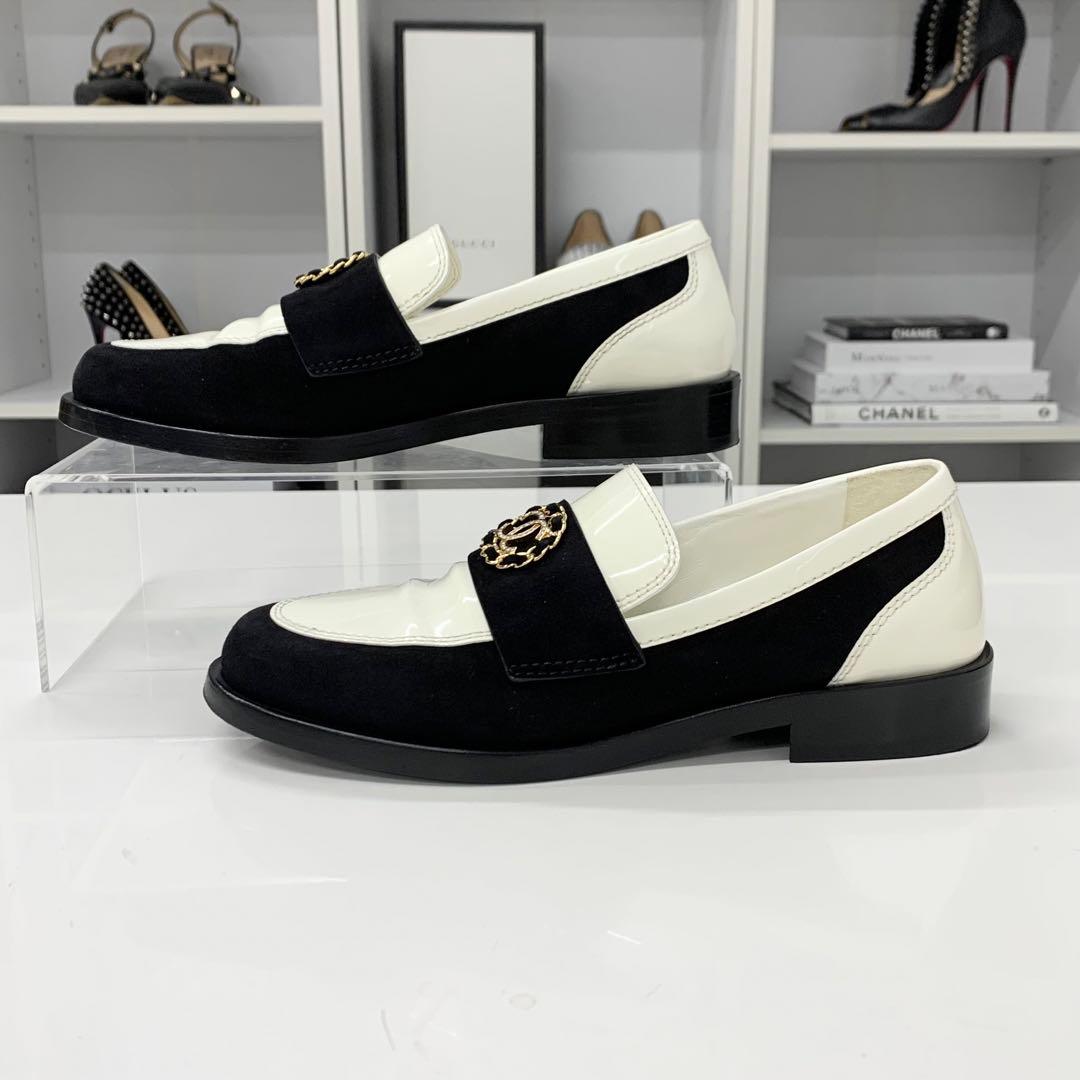 Chanel CC Logo Patent Suede Chain Loafers — view 3