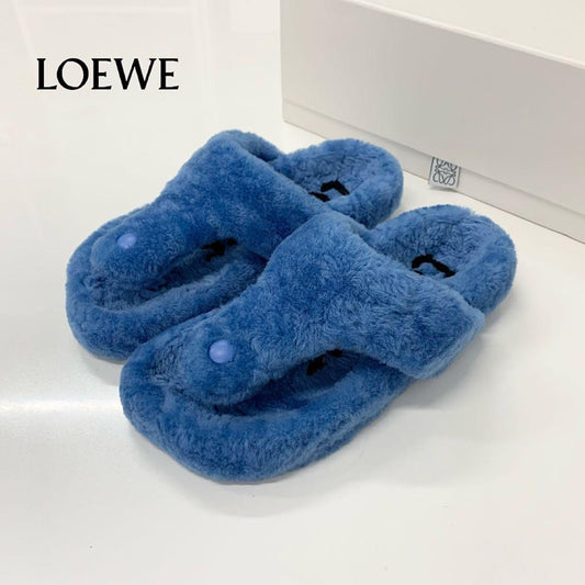 Loewe Shearling Thong Flat Sandals Blue
