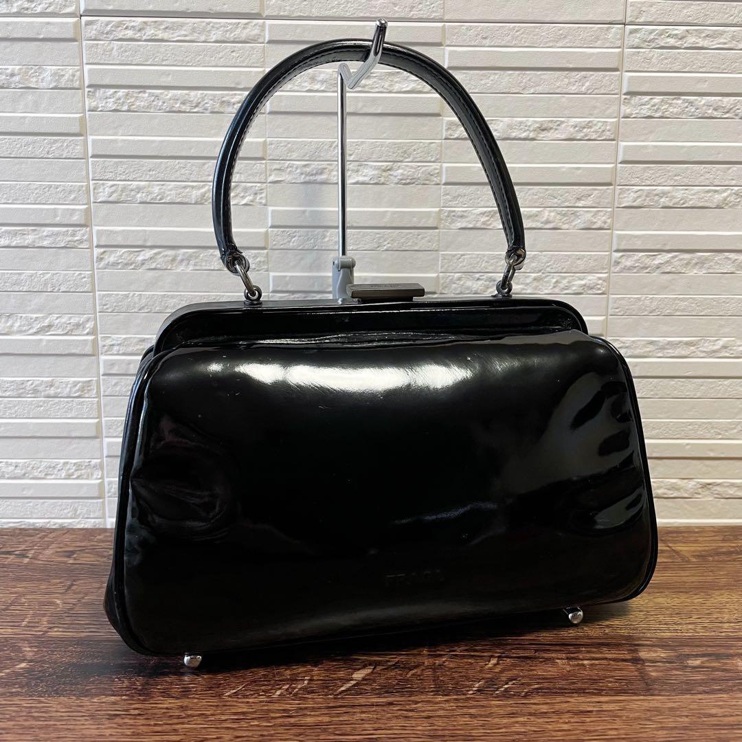 Prada Patent Patent Leather Hand Bag Kiss Lock Black
