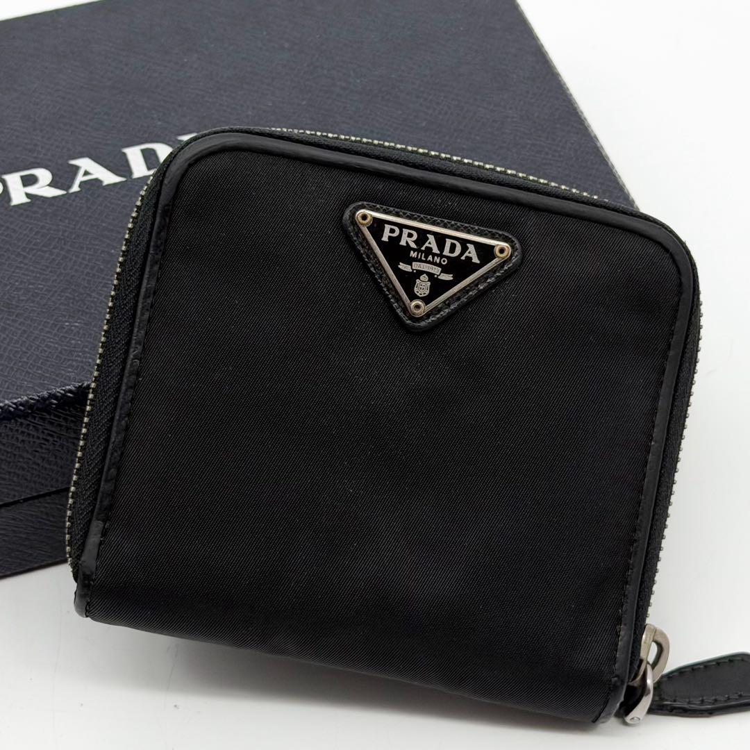 Prada Triangle Nylon Bifold Compact Black Saffiano Wallet