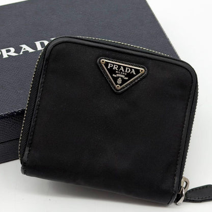 Prada Triangle Nylon Bifold Compact Black Saffiano Wallet