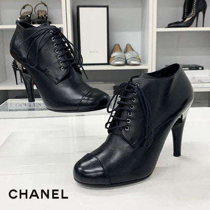 Chanel Lace Up Leather Pearl Booty Black