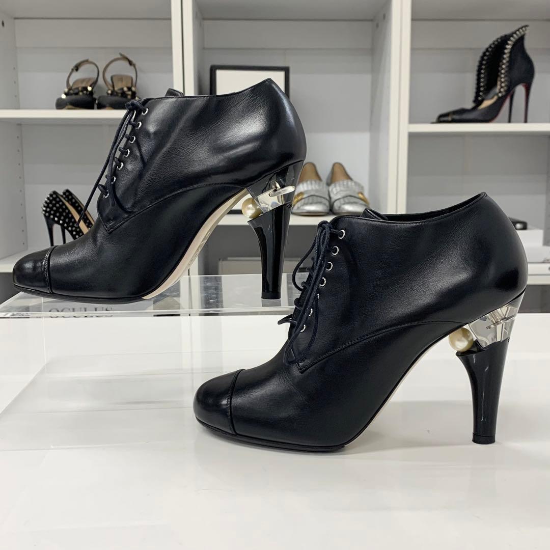 Chanel Lace Up Leather Pearl Booty Black