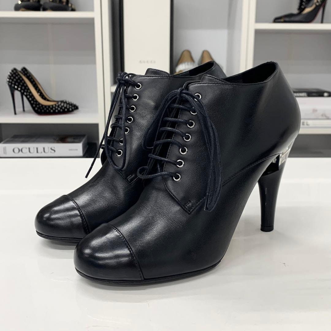 Chanel Lace Up Leather Pearl Booty Black